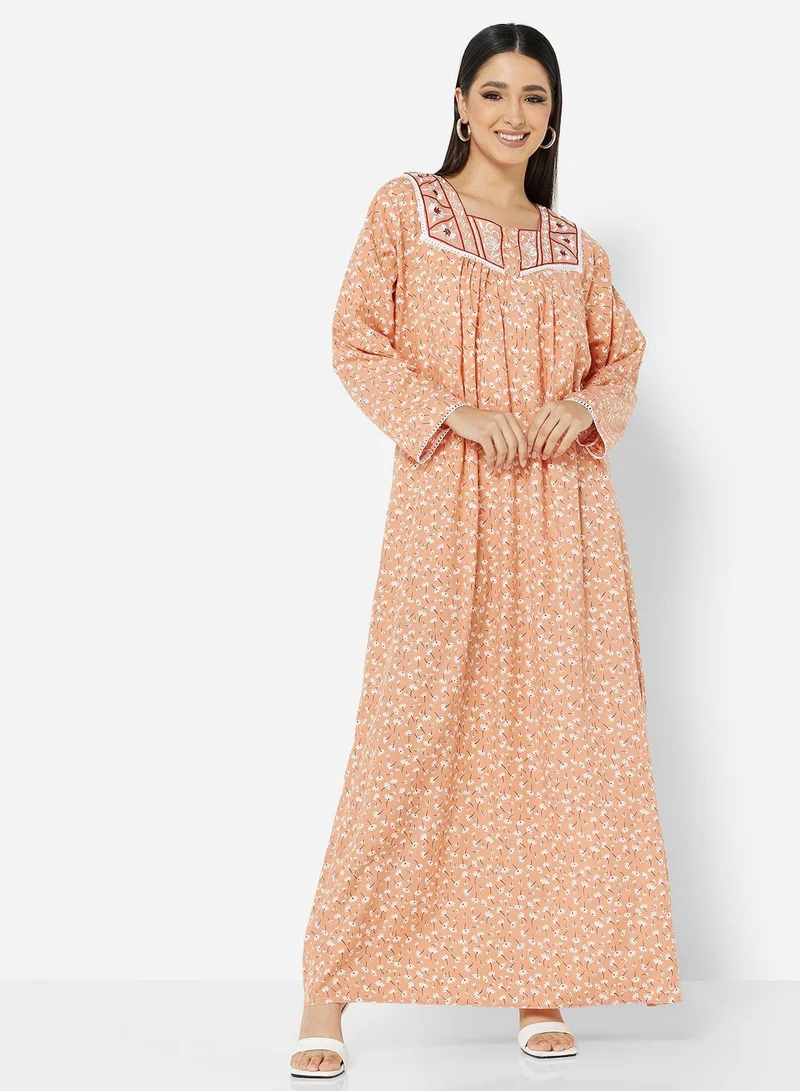 HANA & SARA FLORAL PRINTED JALABIYA WITH UNIQUE THREAD EMBROIDERY