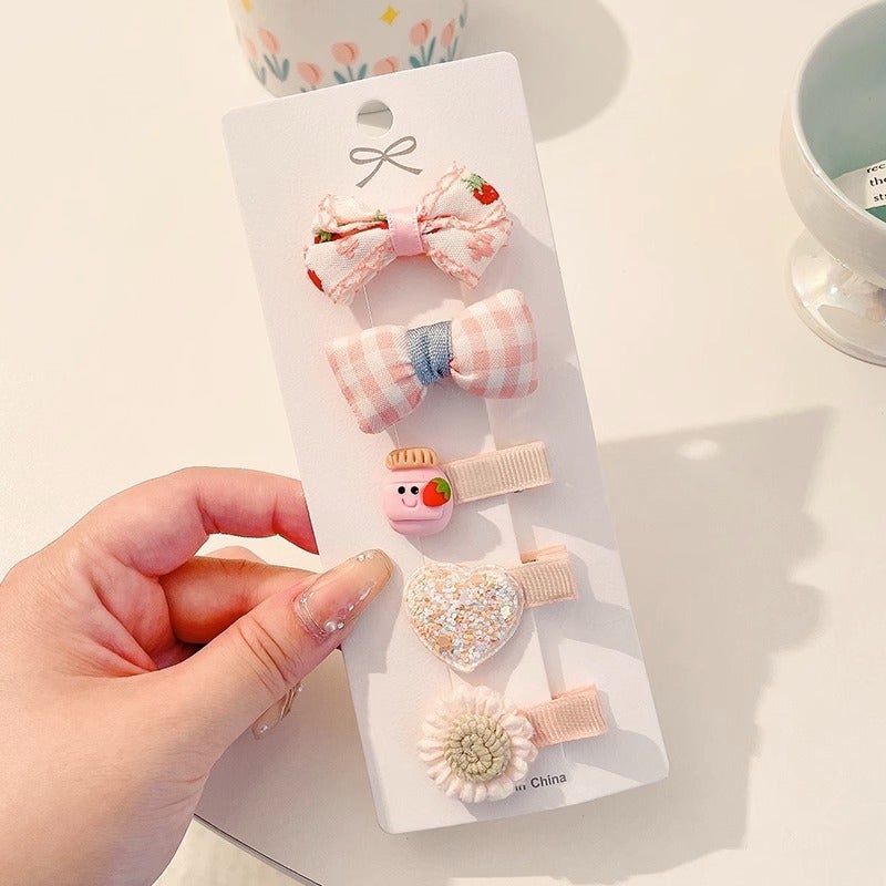 Loquat Cute Toddler Hair Clips Soft Fabric 14# powder strawberry bow tie 5 piece set