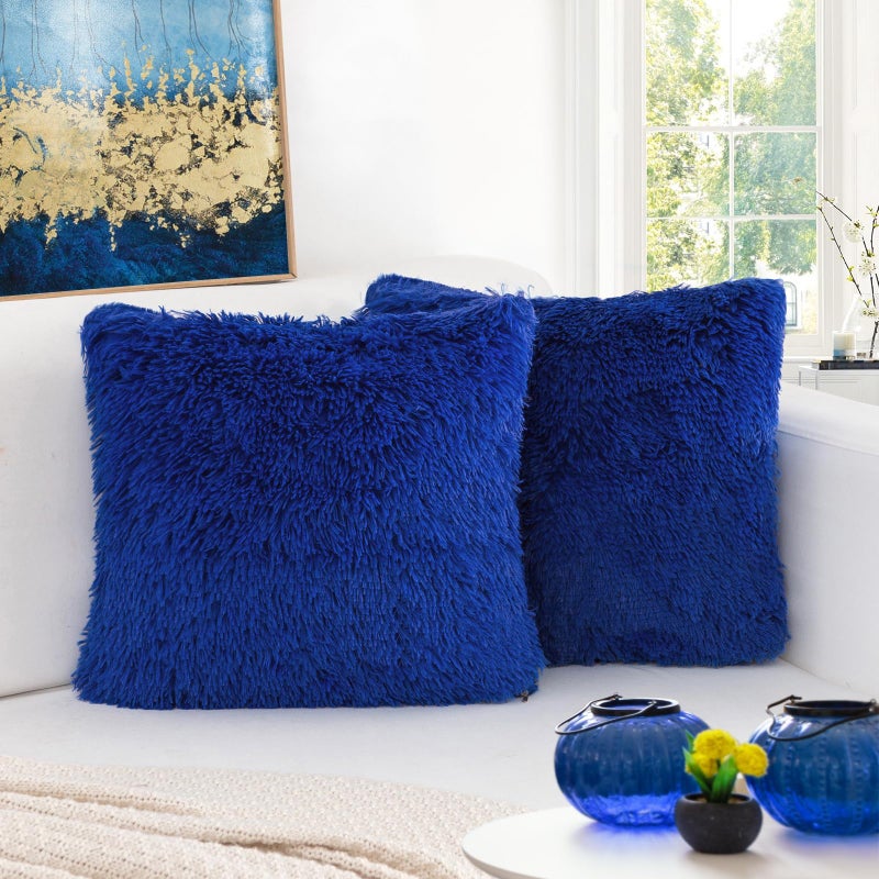 BBiggood Royal Blue Throw Pillow Covers for Couch Pack of 2 Luxury Soft Faux Fur Throw Pillow Covers Home Decor Pillows for Couch Living Room Bed Furry Plush Pillow Cover Set 16 x 16 Inch