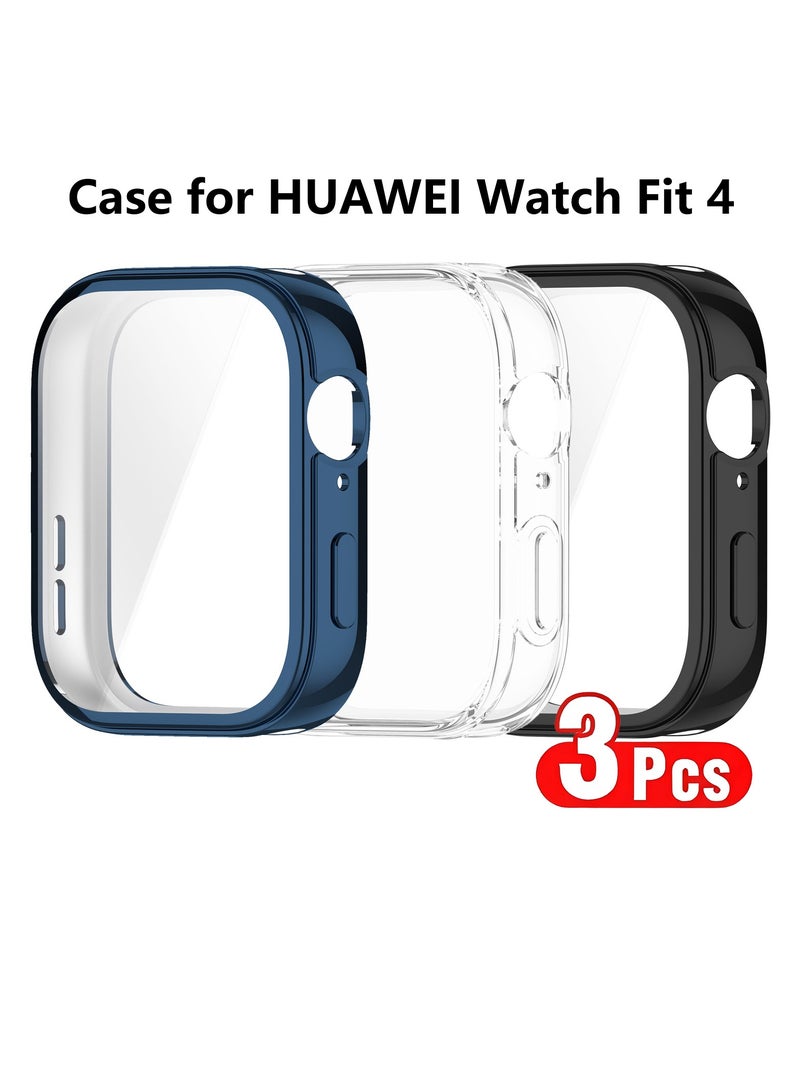 BOSART 3 PCS Case for HUAWEI Watch Fit 4 Soft TPU Screen Protector Cover Black,Clear and Blue - Image 1