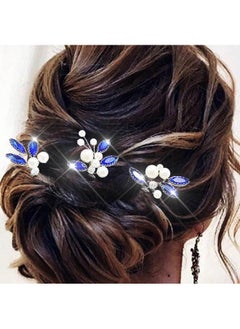 Latious Latious Bride Wedding Hair Pins Pearl Bridal Hair Piece Blue Crystal Hair Clips Rhinestones Hair Accessories for Women and Girls (Pack of 3) (Silver)  - Image 1
