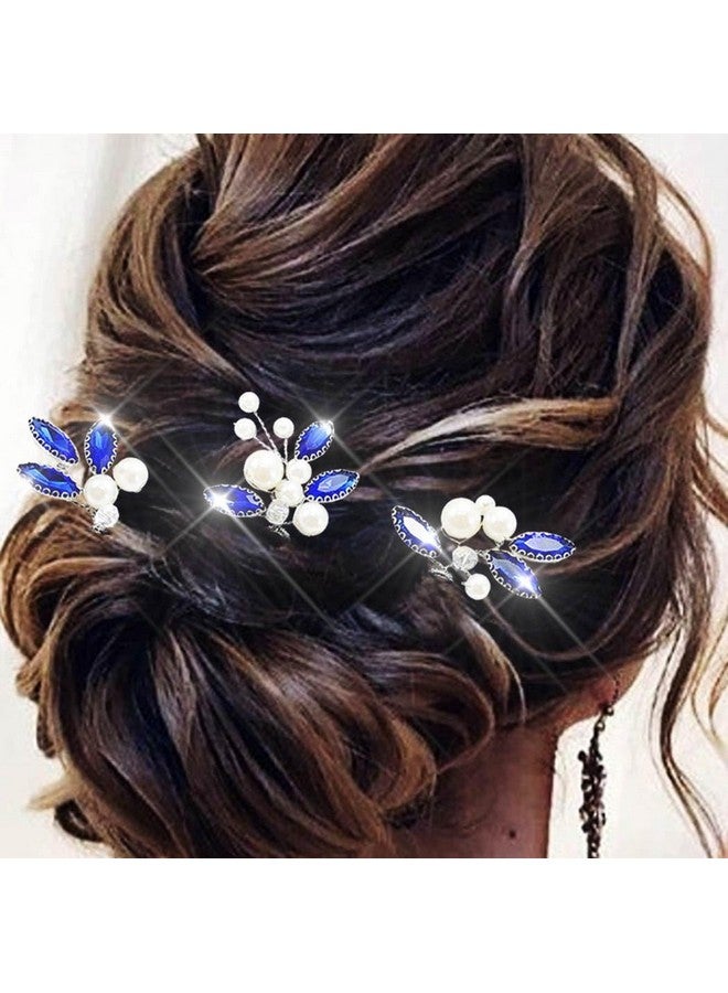 Latious Bride Wedding Hair Pins Pearl Bridal Hair Piece Blue Crystal Hair Clips Rhinestones Hair Accessories for Women and Girls (Pack of 3) (Silver) - Image 1