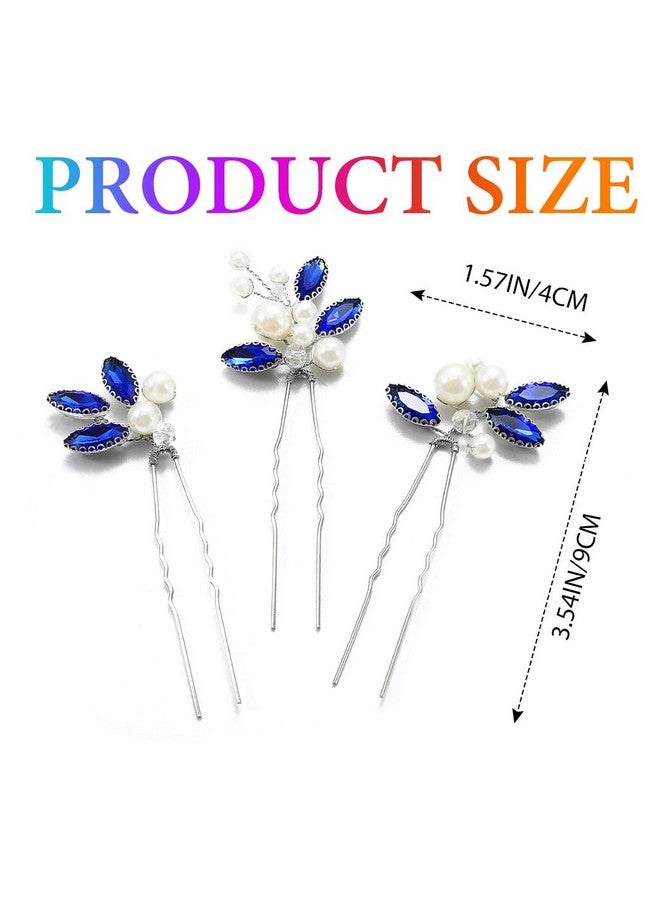 Latious Bride Wedding Hair Pins Pearl Bridal Hair Piece Blue Crystal Hair Clips Rhinestones Hair Accessories for Women and Girls (Pack of 3) (Silver) - Image 2