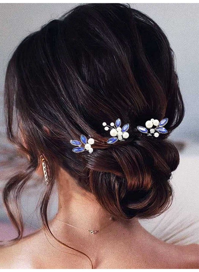 Latious Bride Wedding Hair Pins Pearl Bridal Hair Piece Blue Crystal Hair Clips Rhinestones Hair Accessories for Women and Girls (Pack of 3) (Silver) - Image 4