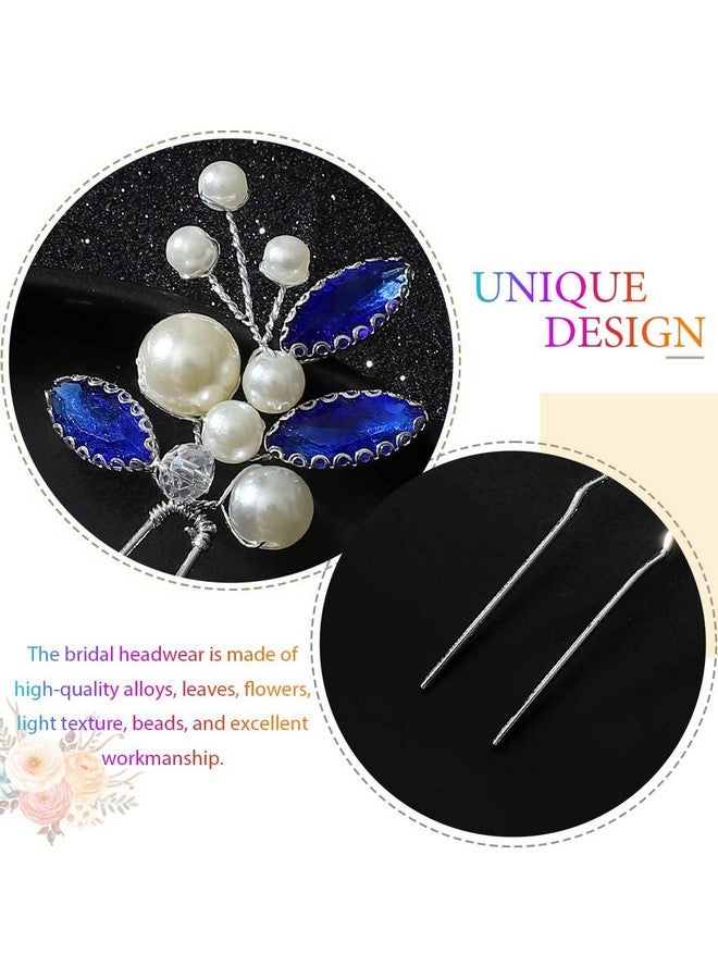 Latious Bride Wedding Hair Pins Pearl Bridal Hair Piece Blue Crystal Hair Clips Rhinestones Hair Accessories for Women and Girls (Pack of 3) (Silver) - Image 5