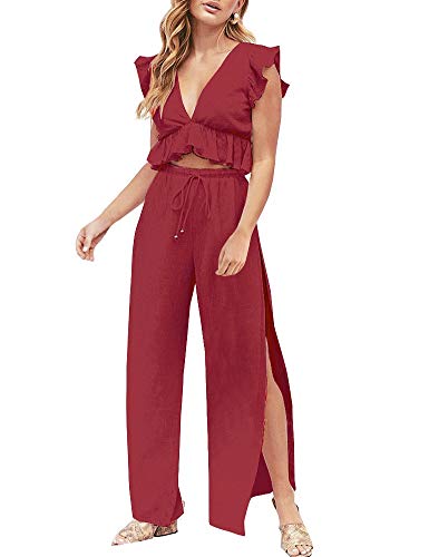 FANCYINN Womens 2 Pieces Outfits Ruffle Deep V Neck Crop Top Side Slit Drawstring Wide Leg Pants Set Jumpsuits Burgundy S - Image 1