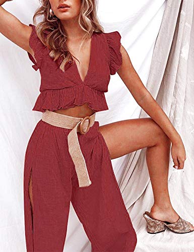 FANCYINN Womens 2 Pieces Outfits Ruffle Deep V Neck Crop Top Side Slit Drawstring Wide Leg Pants Set Jumpsuits Burgundy S - Image 5