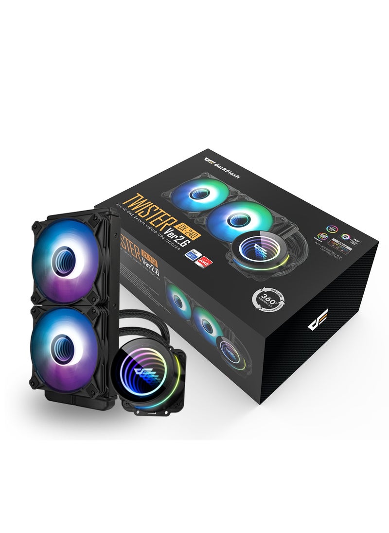 Darkflash  DX240 V2.6 ARG CPU Liquid Cooler, Latest Intel 17xx & AMD5 Support, 1800 RPM, Water Pump Infinity Mirror With 360 Degree Rotation, Low Noise 32dba, 51CFM