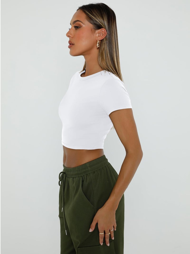 WYNNQUE Womens Crop Tops Cute Summer Scoop Neck Basic Tees Slim Fit Trendy Short Sleeve T Shirts for Teen Girls 2025 White L - Image 3