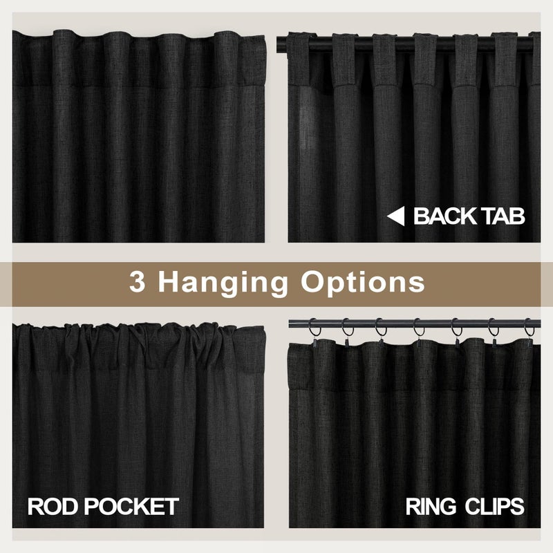 Pitalk Black Linen Curtains 84 Inch Length for Living Room 2 Panel Back Tab Pocket Muslin Light Filtering Semi Privacy Thick Sheer Floor Length Curtain for Mens Bedroom Man Cave Modern Farmhouse Gothic Decor - Image 4