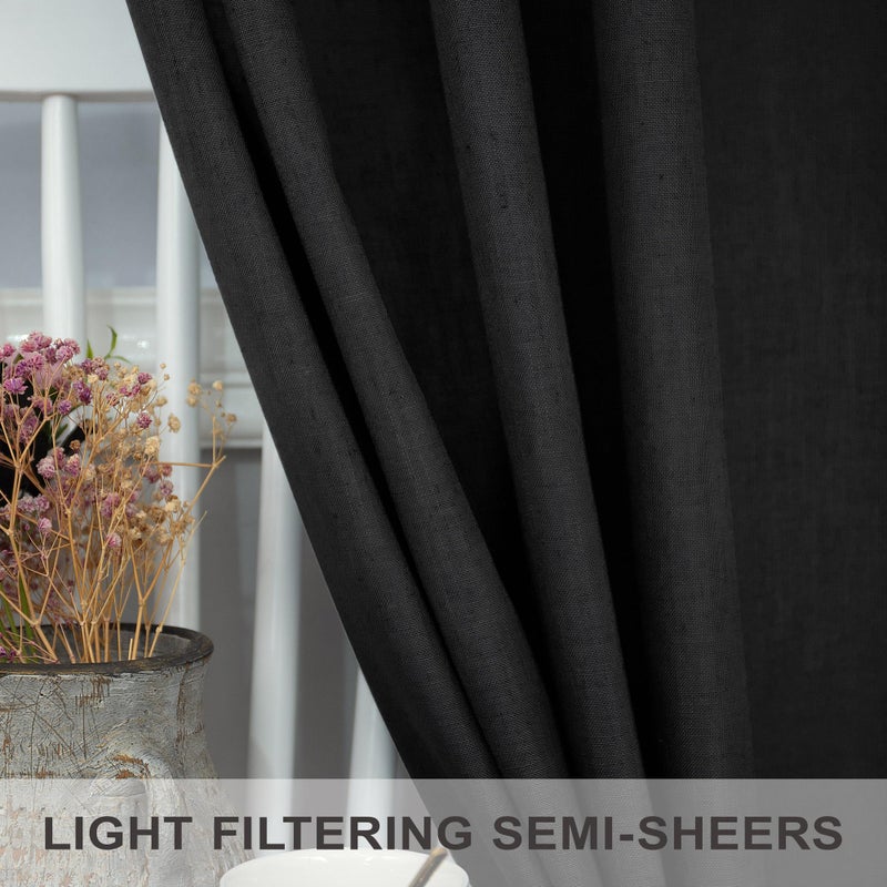 Pitalk Black Linen Curtains 84 Inch Length for Living Room 2 Panel Back Tab Pocket Muslin Light Filtering Semi Privacy Thick Sheer Floor Length Curtain for Mens Bedroom Man Cave Modern Farmhouse Gothic Decor - Image 3
