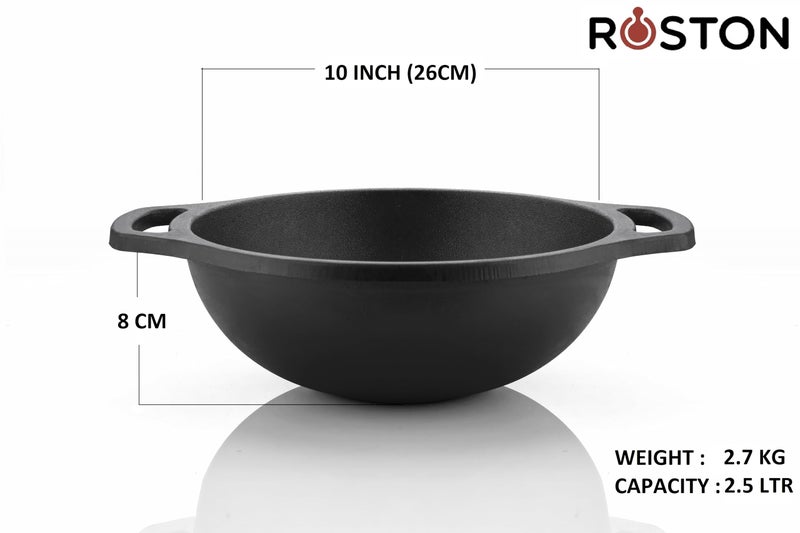ROSTON Cast Iron Pre-Seasoned Kadai Wok with Induction Bottom, 26 cm (10 inch) Diameter, 2.5 LTR Capacity (10 INCH) - Image 5