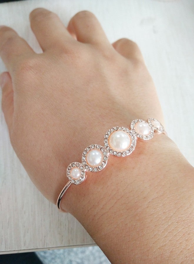 MANZHEN Expandable Adjustable Wire Bangle Bracelets with Rhinestone Pearl Bridesmaid Gift (rose gold) - Image 5