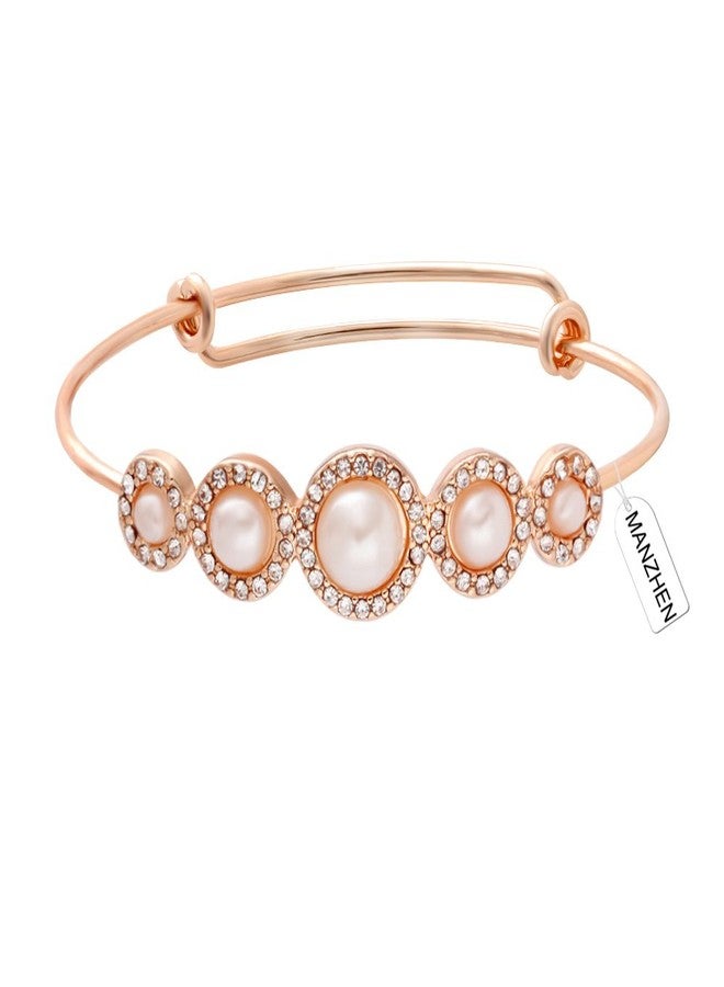 MANZHEN Expandable Adjustable Wire Bangle Bracelets with Rhinestone Pearl Bridesmaid Gift (rose gold) - Image 1
