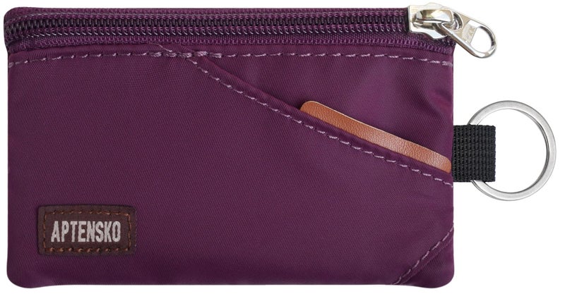 APTENSKO RFID Blocking Travel Wallet with Adjustable Lanyard, Small Nylon Zipper Pouch and Badge Holder for ID, Credit Cards, Cash, Keys, Commuters (Plum Wine) - Image 1