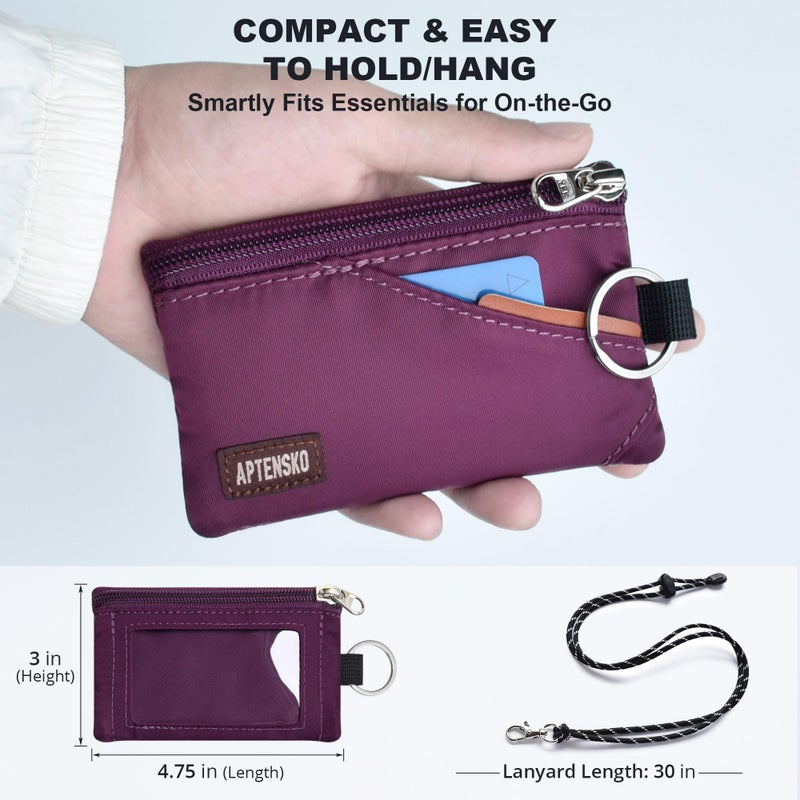 APTENSKO RFID Blocking Travel Wallet with Adjustable Lanyard, Small Nylon Zipper Pouch and Badge Holder for ID, Credit Cards, Cash, Keys, Commuters (Plum Wine) - Image 4