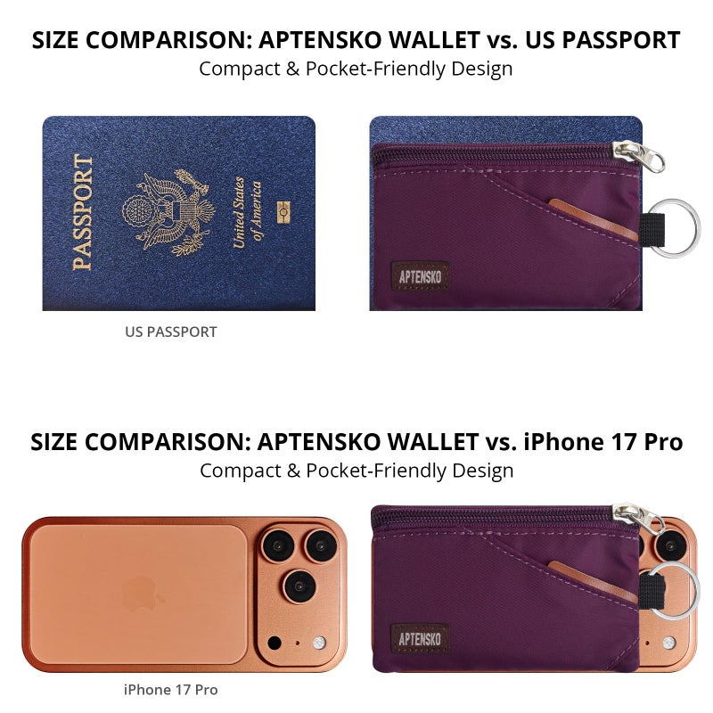 APTENSKO RFID Blocking Travel Wallet with Adjustable Lanyard, Small Nylon Zipper Pouch and Badge Holder for ID, Credit Cards, Cash, Keys, Commuters (Plum Wine) - Image 3