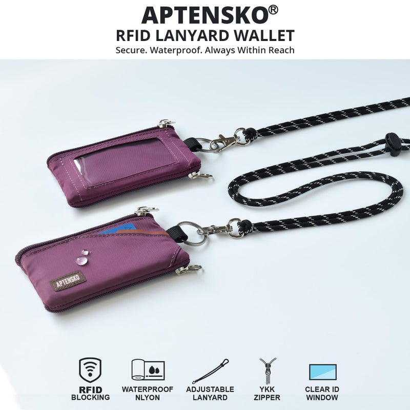 APTENSKO RFID Blocking Travel Wallet with Adjustable Lanyard, Small Nylon Zipper Pouch and Badge Holder for ID, Credit Cards, Cash, Keys, Commuters (Plum Wine) - Image 2