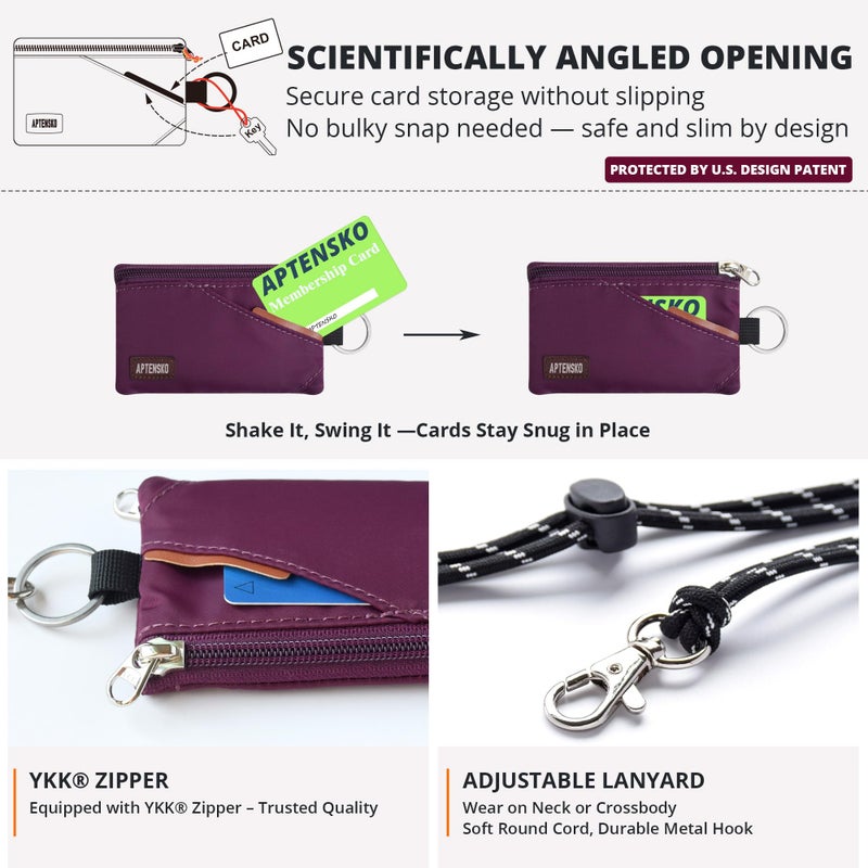 APTENSKO RFID Blocking Travel Wallet with Adjustable Lanyard, Small Nylon Zipper Pouch and Badge Holder for ID, Credit Cards, Cash, Keys, Commuters (Plum Wine) - Image 5