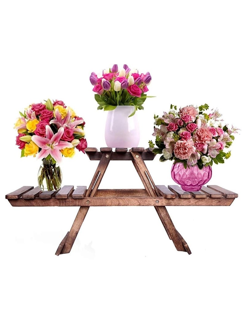 DubaiGallery Wooden Multipurpose Folding Rack/Plant Stand 3 Deck/Living Room Side Stand/Wooden Stool/Flower Pot Stand/Vase Stand Plant Stand for Garden & Outdoor - Image 1