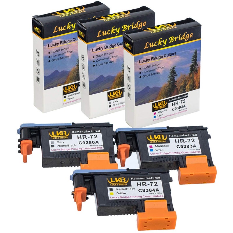 LKB Remanufactured HP72 printheads C9380A C9383A C9384A New Updated Chips Replacement for HP Designjet T610 T620 T770 T790 T1100 T1120 1200 T1300 T2300 (1MK/Y+1C/M+1PK/G)- 1 Set 3PK -US - Image 1