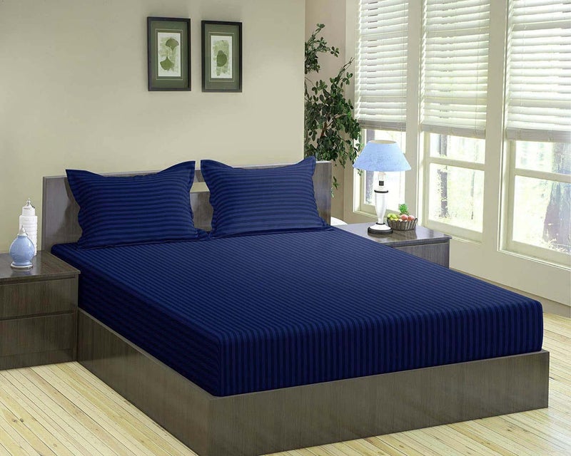 Rj Products™ Elastic Fitted Stripes King Size Bedsheet with 2 Pillow Covers (Navy Blue) - Image 5