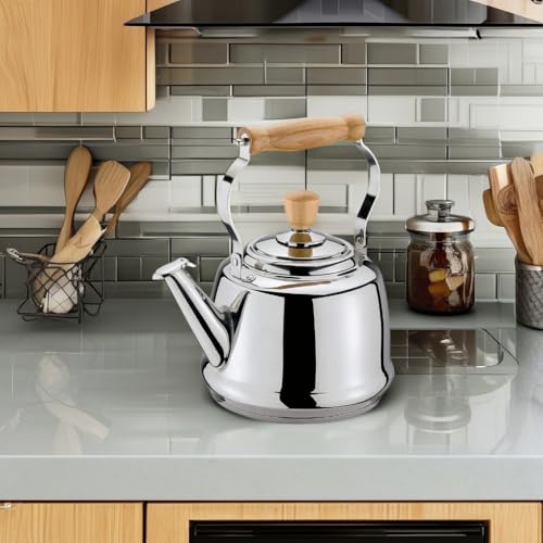 Cilio غلاية ماء سيليو تقليدية من الفولاذ المقاوم للصدأ، غلاية على الموقد بمقابض خشبية، سعة 2.6 لتر، فضي - Image 5