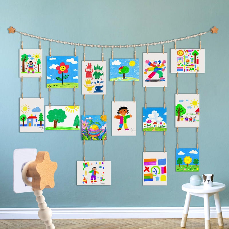 KOLLIEE Kids Artwork Display Art Wall Decor 493ft Boho Wooden Beaded Garland Collage Holder with Hanging Rings Wooden Stars Hook 40 Wood Clips for Kids Artwork Photo Room Bedroom Decor