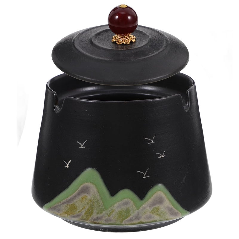 منفضة سيجار خزفية مرسومة يدويًا بغطاء مقاومة للرياح عديمة الدخان لديكور الفناء الخارجي للمنزل والمكتب - Image 2