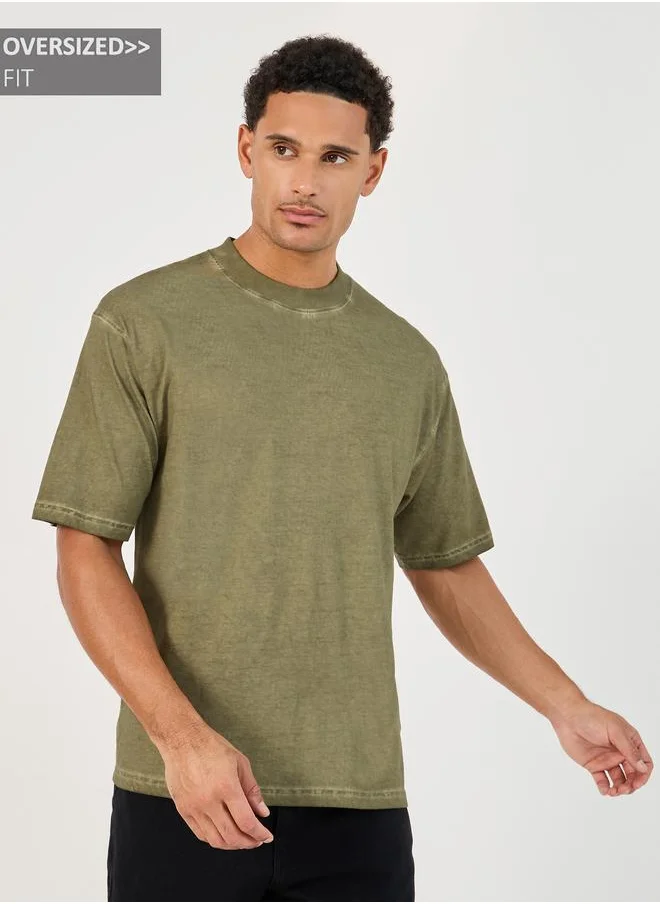 Styli Styli Acid Washed Heavy Jersey Mock Neck Oversized T-Shirt