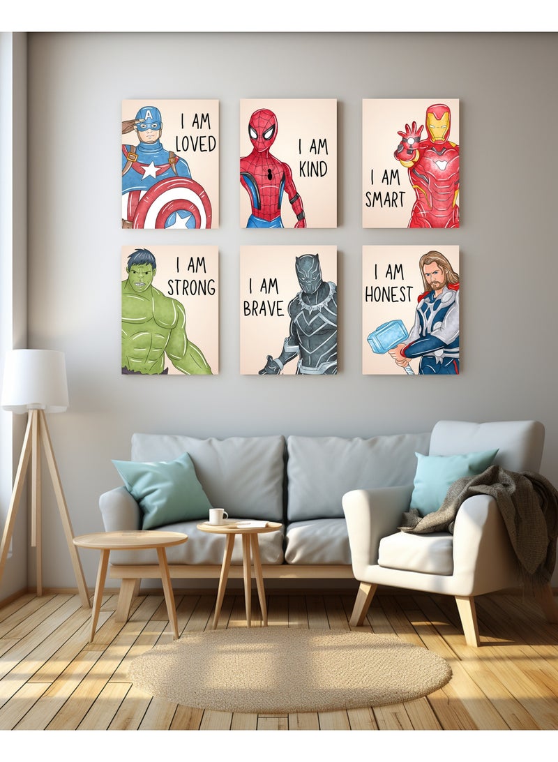 Tableau of six super heroes for kids room  - nursery room,marvel set - hulk , spider man ,the iron man, thor ,captain america ,black panther new color