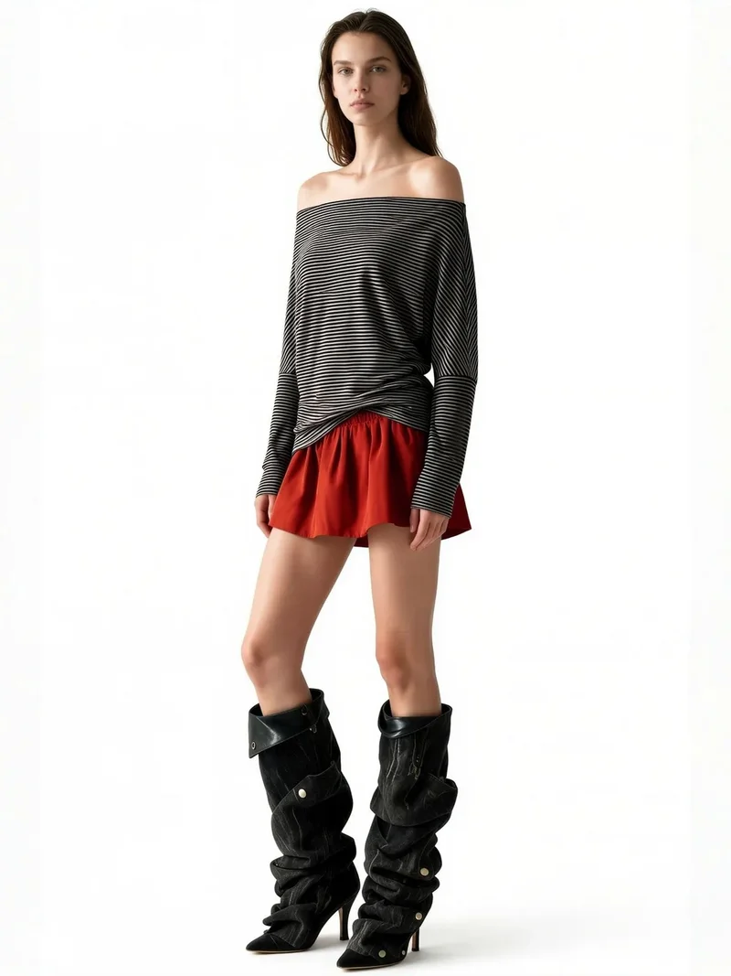 بوسيم BUSEM Striped Cowl Neck Long Sleeve Blouse