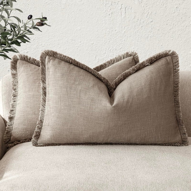 Foindtower Set of 2 Decorative Linen Fringe Lumbar Throw Pillow Covers Boho Farmhouse Cushion Cover with Tassels Soft Accent Pillowcase for Couch Sofa Bed Living Room Home Decor1220 InchBrown Tan