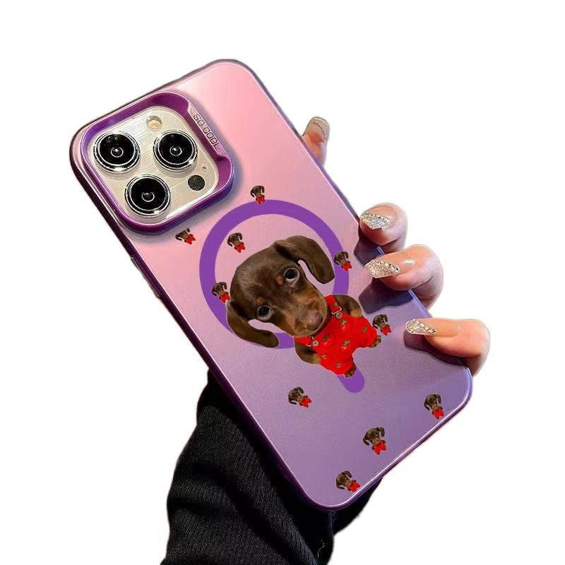 MagSafe iPhone 16 Drop Protection PC Case for 16 Plus 16 Pro 16 Pro Max with Anti Fingerprint and Vest Dachshund Pattern in Purple - Image 1