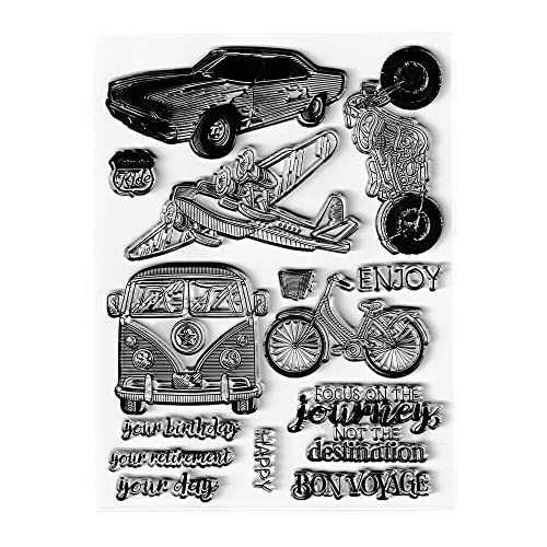 AHTOLS Journey Clear Stamps Silicone Stamp Cards with Sentiments,Car Plane Motorcycle Bus Bicycle Pattern Transparent Seal Stamps for Holiday Card Making Decoration and DIY Scrapbooking Album DIY Crafts - Image 3