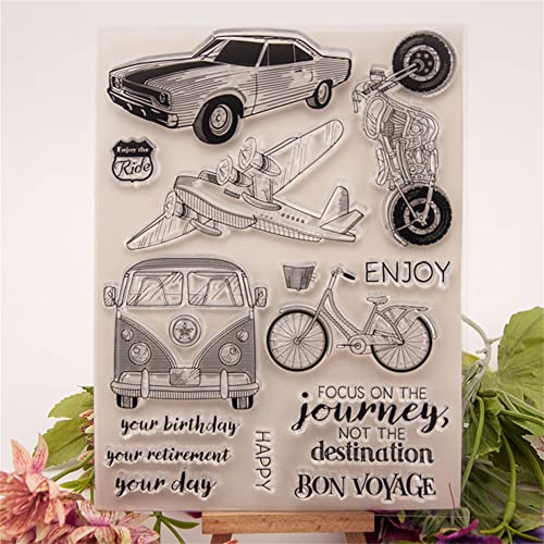 AHTOLS Journey Clear Stamps Silicone Stamp Cards with Sentiments,Car Plane Motorcycle Bus Bicycle Pattern Transparent Seal Stamps for Holiday Card Making Decoration and DIY Scrapbooking Album DIY Crafts - Image 1