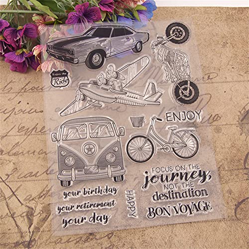AHTOLS Journey Clear Stamps Silicone Stamp Cards with Sentiments,Car Plane Motorcycle Bus Bicycle Pattern Transparent Seal Stamps for Holiday Card Making Decoration and DIY Scrapbooking Album DIY Crafts - Image 4