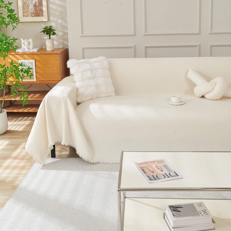 DREAMINGO Sofa Covers Washable Thick Chenille Couch Cover for 2 Cushion Couch Sofa Multi-Use Couch Cover Blanket Modern Pet Furniture Protector Sectional Couch Slipcover 71"x118", Beige White - Image 5