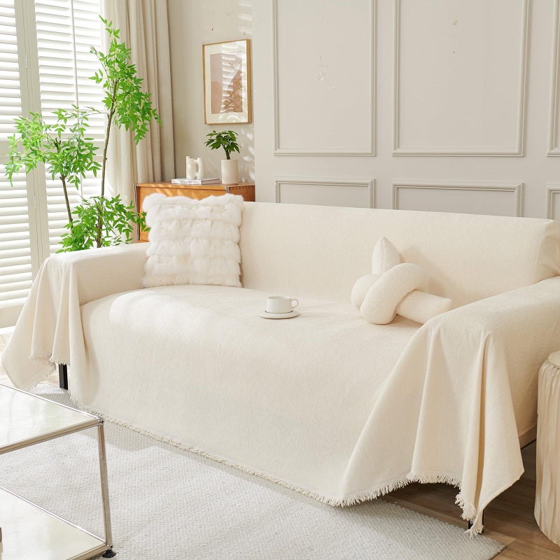 DREAMINGO Sofa Covers Washable Thick Chenille Couch Cover for 2 Cushion Couch Sofa Multi-Use Couch Cover Blanket Modern Pet Furniture Protector Sectional Couch Slipcover 71"x118", Beige White - Image 1
