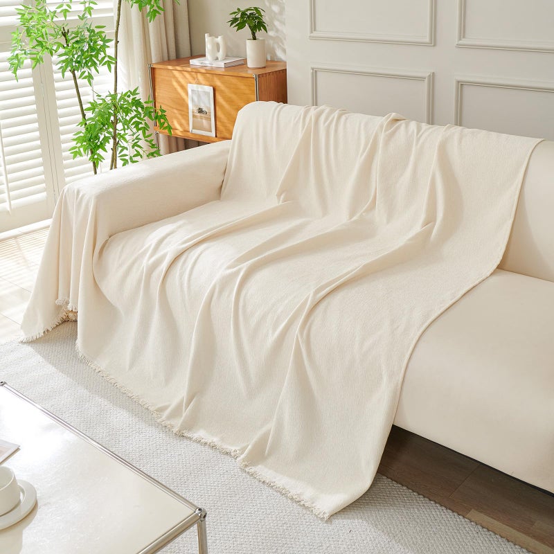 DREAMINGO Sofa Covers Washable Thick Chenille Couch Cover for 2 Cushion Couch Sofa Multi-Use Couch Cover Blanket Modern Pet Furniture Protector Sectional Couch Slipcover 71"x118", Beige White - Image 2