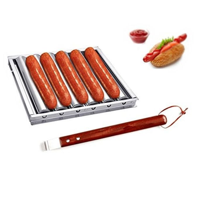 i Kito Charcoal Stainless Steel Hot Dog Sausage Roller Rack Steamer With Extra Long Wood Handle New BBQ Tools 5 Section Brat Griller - Image 1