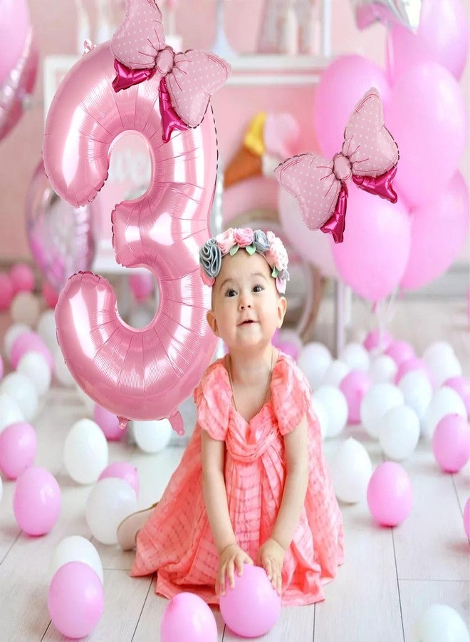 LEBERY Pink Bow Balloons 40 Inch Pink Number 3 Balloon Jumbo Number 3 Birthday Balloons for Girls, Mini Bowtie Foil Balloon for Princess Cowgirl Mouse Themed 3rd Birthday Baby Shower Decorations - Image 2