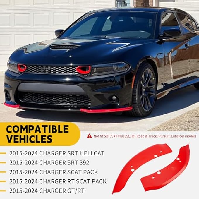 TENGBASE Front Splitter Spolier Charger, Front Lip Bumper for 2015-2023 2024 Charger Hellcat/SRT 392/Scat Pack/RT Scat Pack 2019-2023 2024 Charger GT/RT (Red) - Image 2