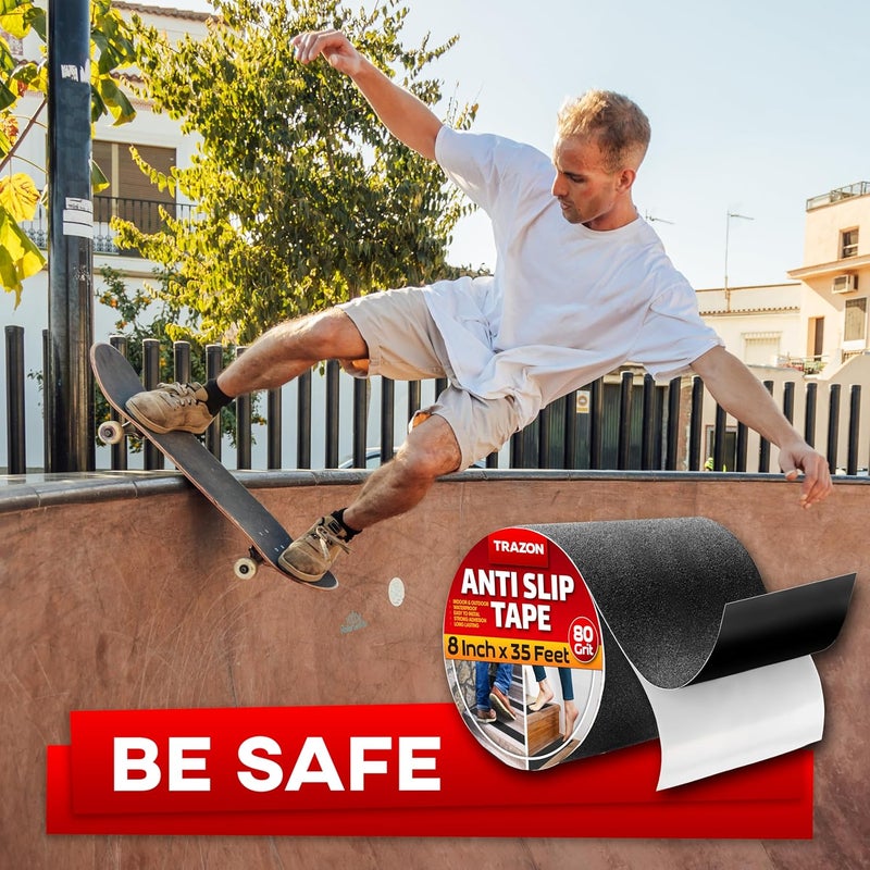 Trazon Grip Tape - Heavy Duty Anti Slip Tape for Stairs Outdoor/Indoor Waterproof 8Inch x 35Ft Safety Non Skid Roll for Stair Steps Ramp Traction Tread Staircases Grips Adhesive Non Slip Strips Walk Black - Image 5