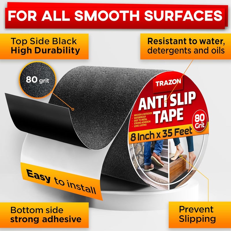 Trazon Grip Tape - Heavy Duty Anti Slip Tape for Stairs Outdoor/Indoor Waterproof 8Inch x 35Ft Safety Non Skid Roll for Stair Steps Ramp Traction Tread Staircases Grips Adhesive Non Slip Strips Walk Black - Image 2