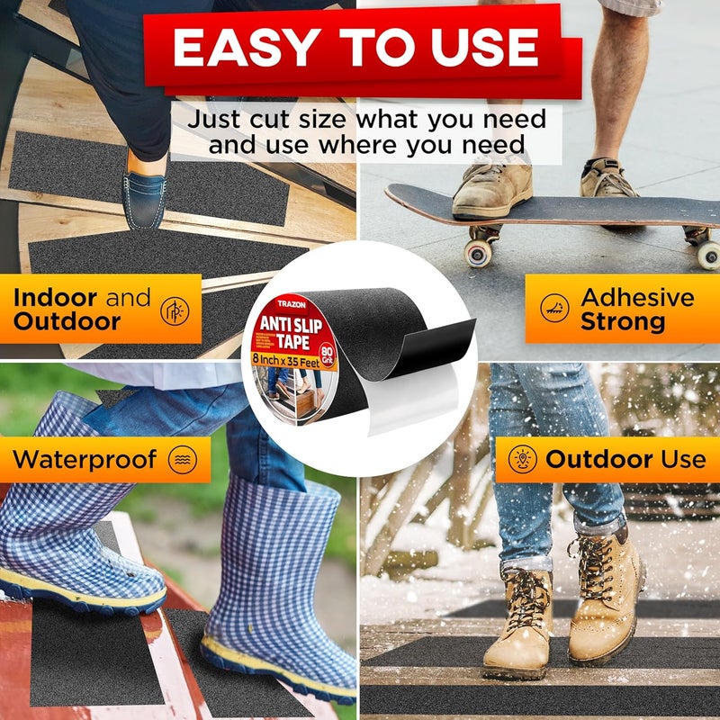 Trazon Grip Tape - Heavy Duty Anti Slip Tape for Stairs Outdoor/Indoor Waterproof 8Inch x 35Ft Safety Non Skid Roll for Stair Steps Ramp Traction Tread Staircases Grips Adhesive Non Slip Strips Walk Black - Image 4