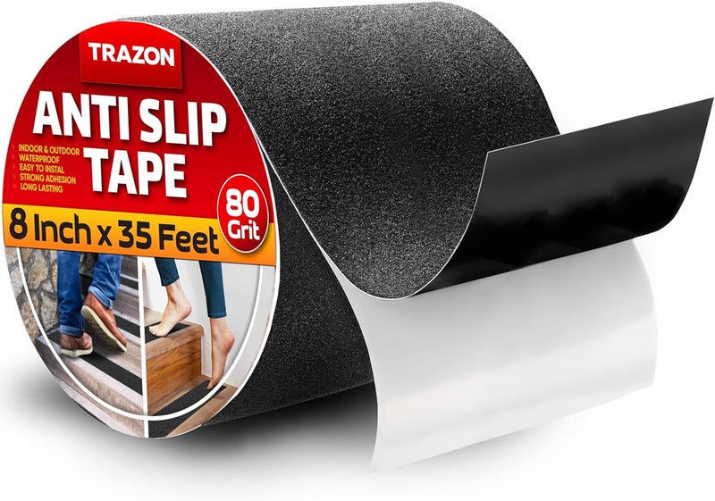 Trazon Grip Tape - Heavy Duty Anti Slip Tape for Stairs Outdoor/Indoor Waterproof 8Inch x 35Ft Safety Non Skid Roll for Stair Steps Ramp Traction Tread Staircases Grips Adhesive Non Slip Strips Walk Black - Image 1