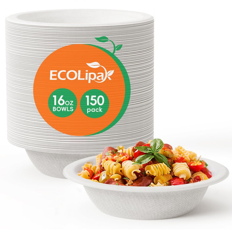 ECOLipak 150 Pack Compostable Disposable Paper Bowls 16 OZ Heavy duty Biodegradable Eco Friendly Sugarcane Bagasse Bowls Great for Soup Salad Milk Cereals