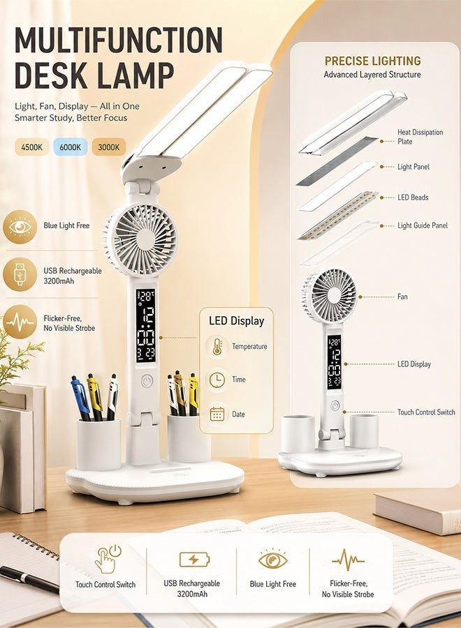 أرابايت مصباح مكتب متعدد الوظائف 7 في 1 ذو رأسين، تحكم باللمس مع مروحة ومنفذ شحن USB، مصباح قراءة لدراسة الأطفال، مصباح مكتب للمنزل والمكتب، أبيض - Image 3
