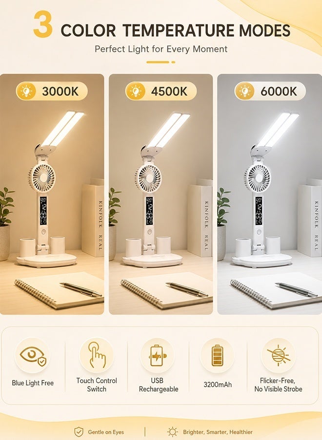 أرابايت مصباح مكتب متعدد الوظائف 7 في 1 ذو رأسين، تحكم باللمس مع مروحة ومنفذ شحن USB، مصباح قراءة لدراسة الأطفال، مصباح مكتب للمنزل والمكتب، أبيض - Image 2